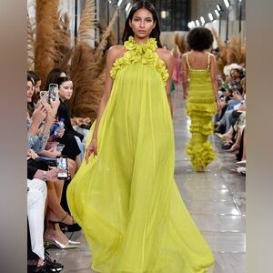 PatBO Floral Appliqu Chiffon Gown in Acid Yellow